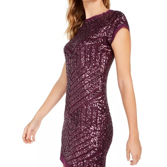 Vince Camuto Cap Sleeve Burgundy Purple Chevron Sequined Shift Dress Sz 10 NWT - Picture 6 of 11